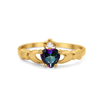 Irish Claddagh Heart Promise Ring Yellow Tone, Simulated Rainbow CZ 925 Sterling Silver
